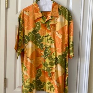 Tommy Bahama Mens Silk Shirt, orange, yellow and green. Size L. Tropical Style
